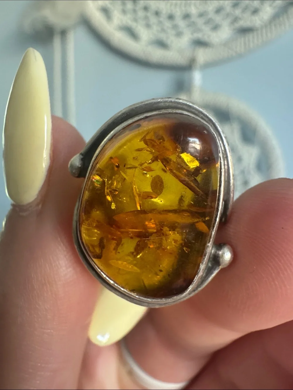 Sterling Silver Amber Statement Ring - Warm Honey Amber